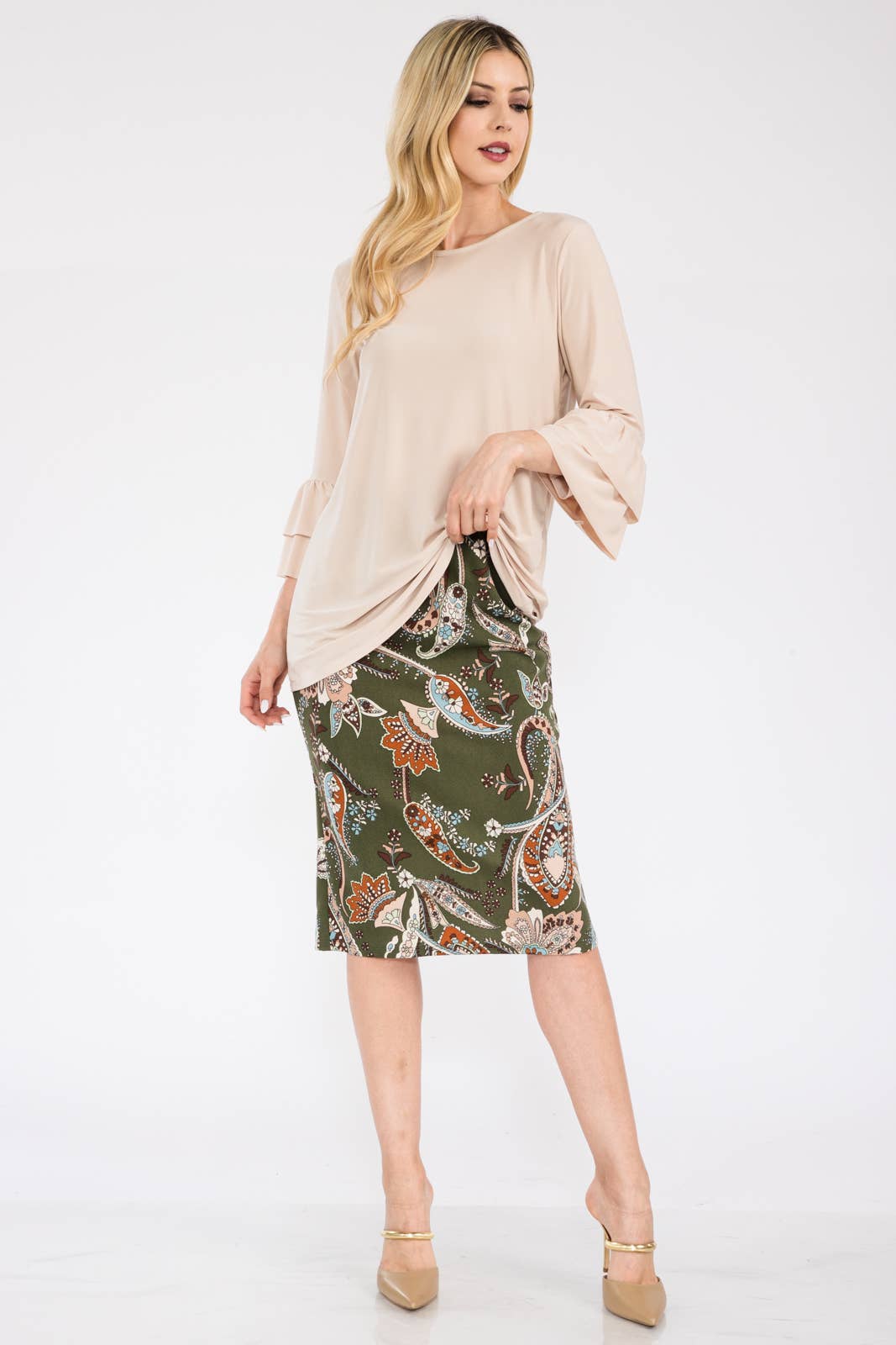 Elegant Layered Ruffle 3/4 Bell Sleeve Modest Dressy Blouse