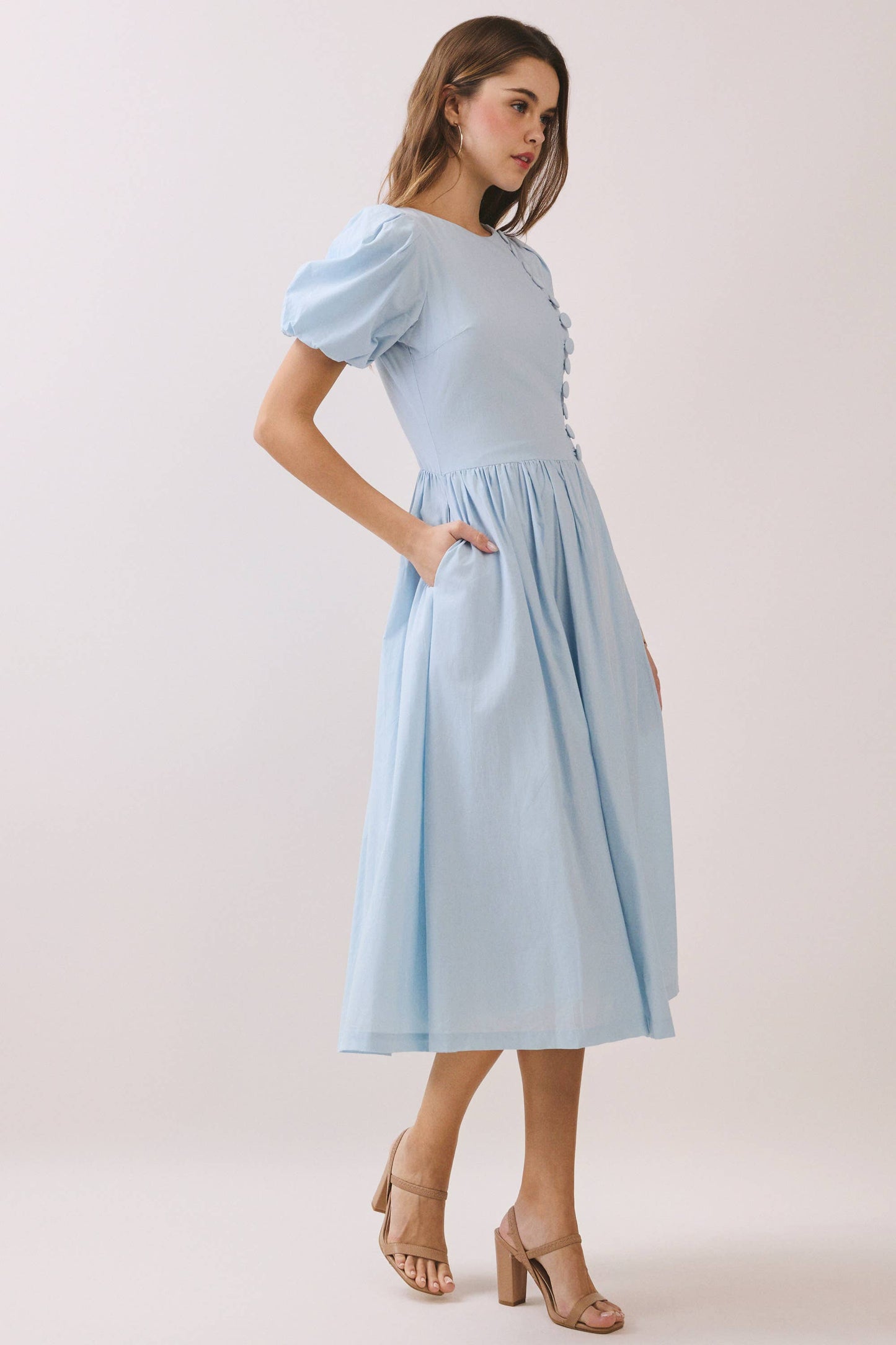 Puff Sleeve Round Neck Faux Button Dress