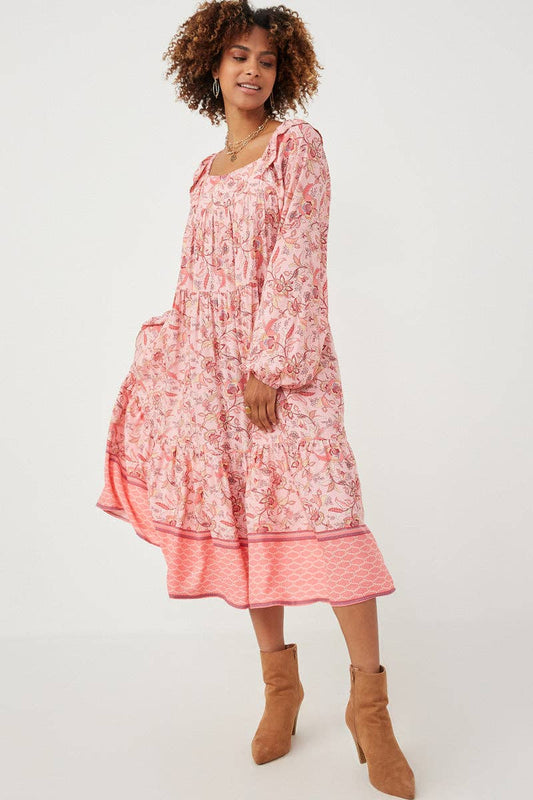 Pink Floral Tiered Midi Dress | Smock Style with Balloon Sleeves