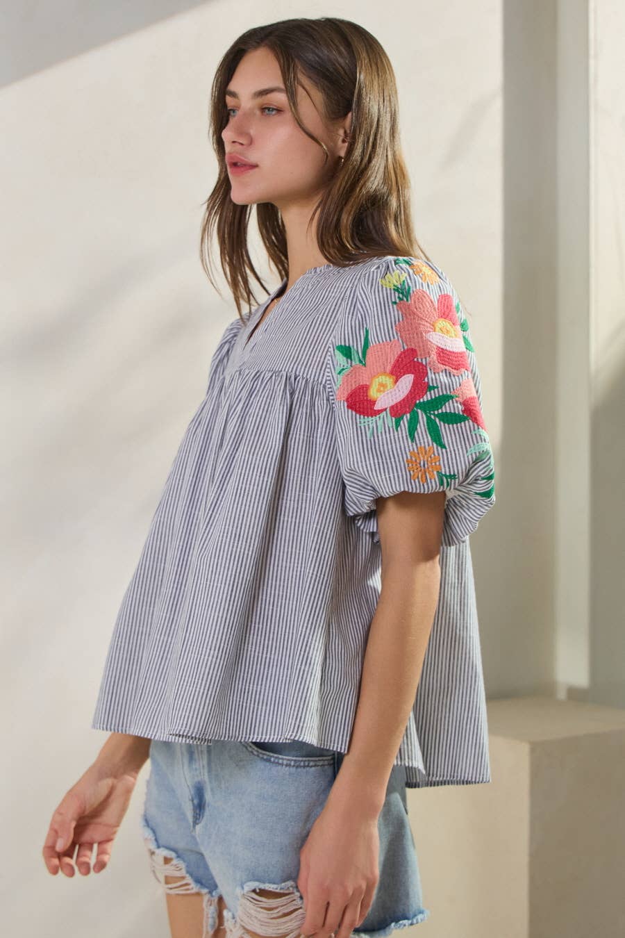 Women's Striped Cotton Embroidered Blouse - Short Sleeve Summer Top