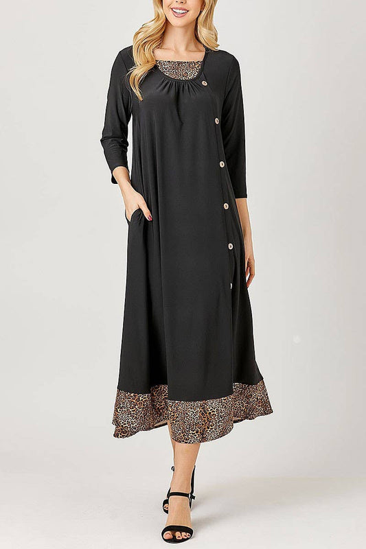Leopard Contrast A-Line Midi Dress with Pockets