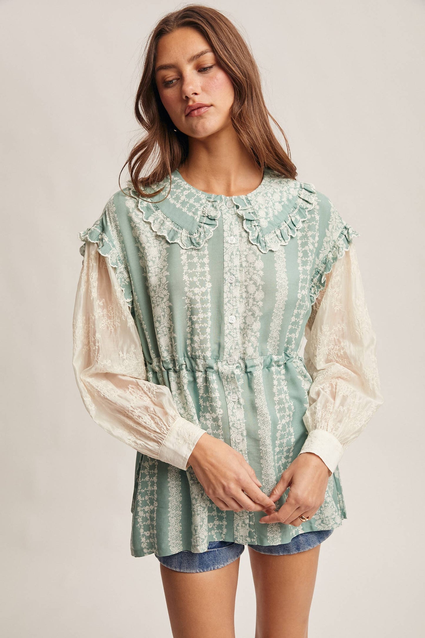 Floral Stripe Belted Blouse with Sheer Sleeves