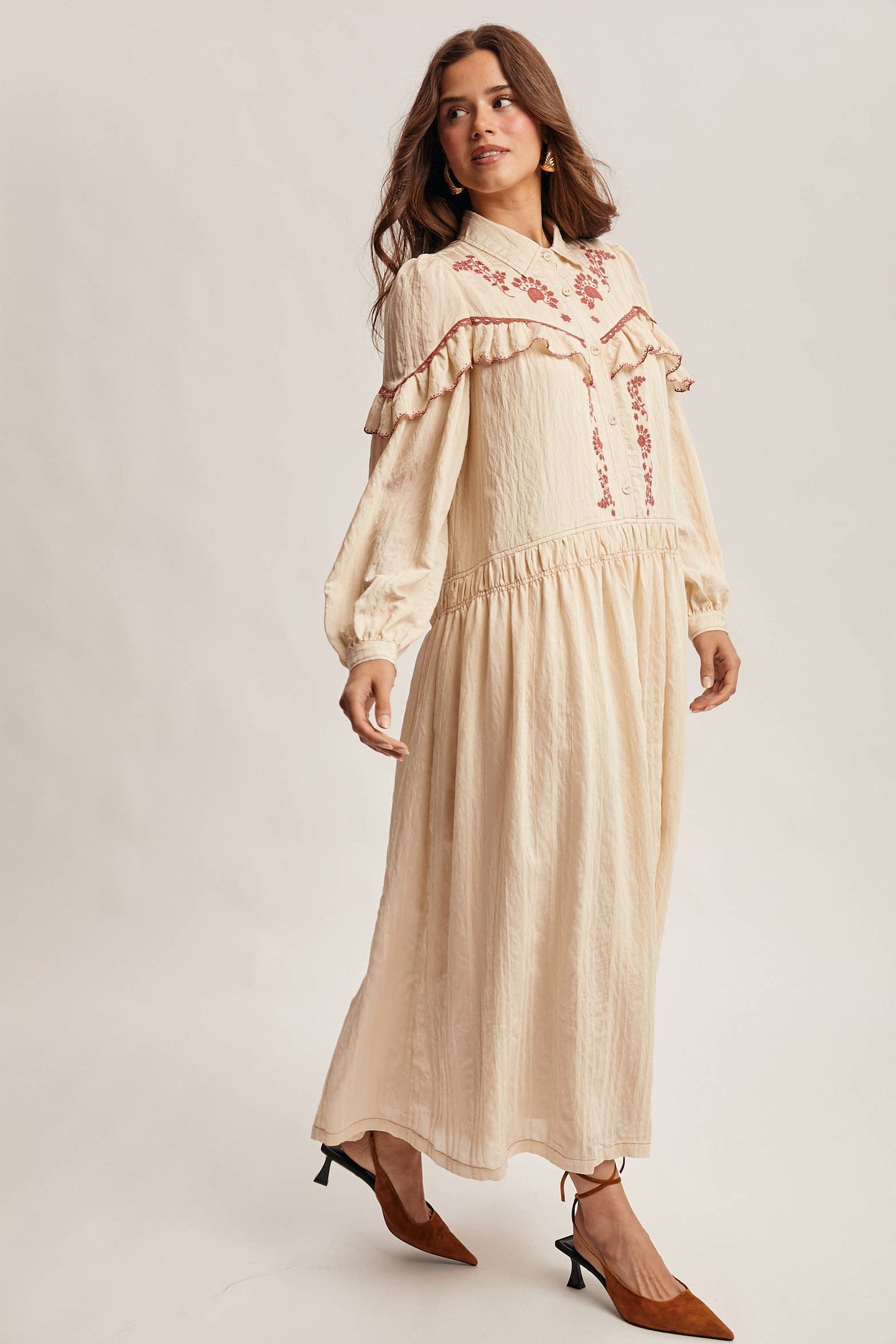 Embroidered Ruffle Trim Maxi Dress