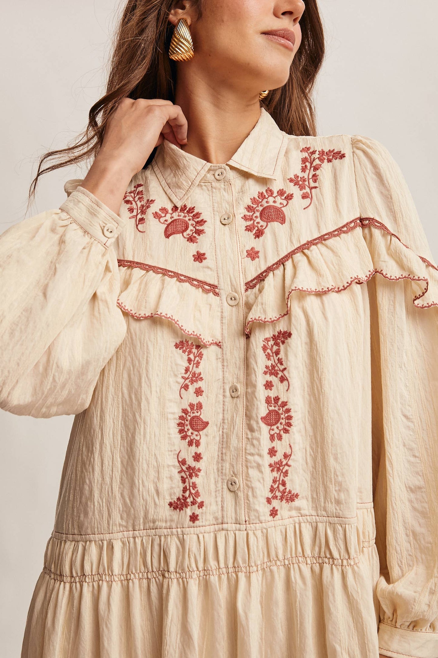 Embroidered Ruffle Trim Maxi Dress