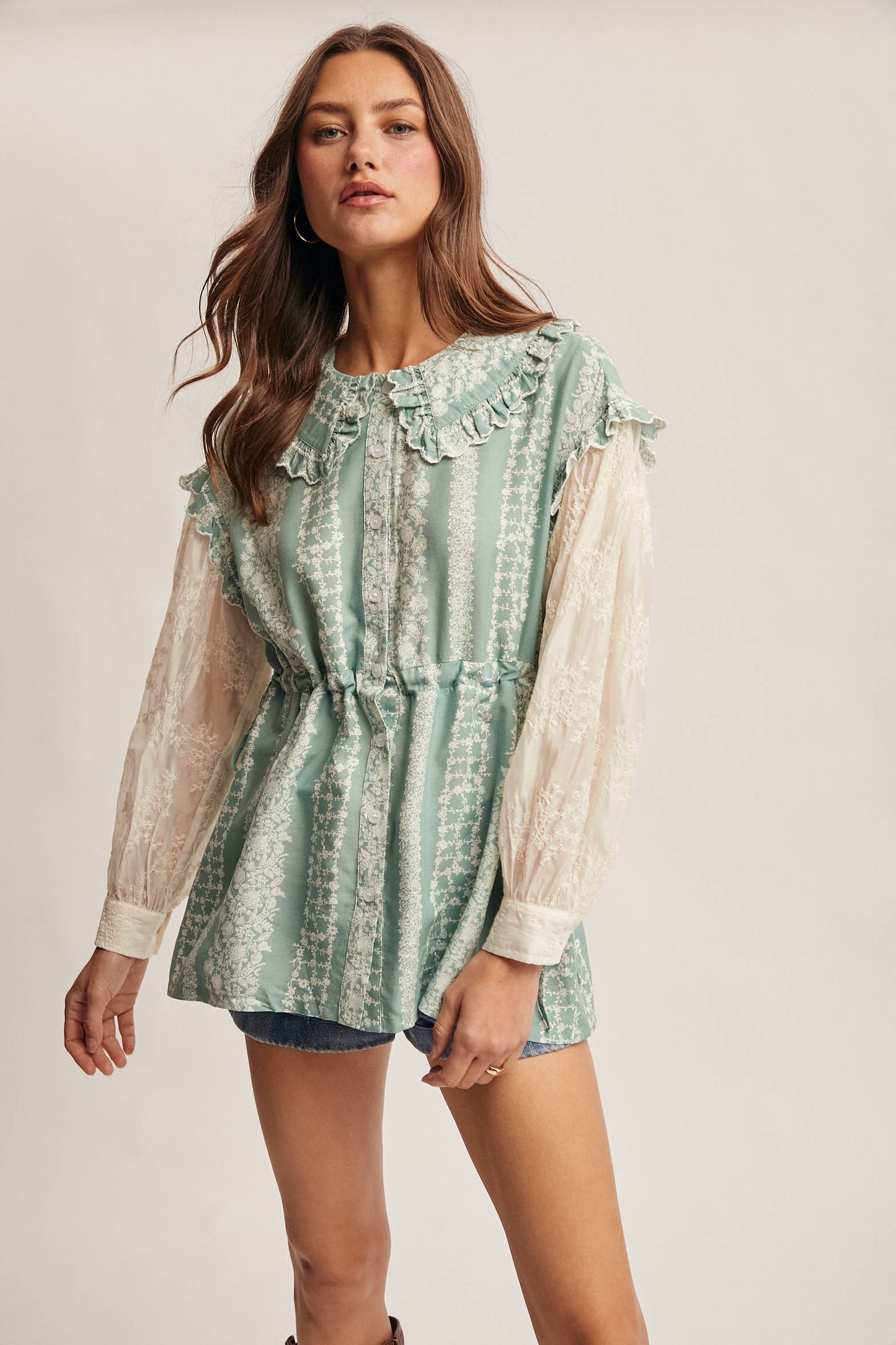 Floral Stripe Belted Blouse with Sheer Sleeves