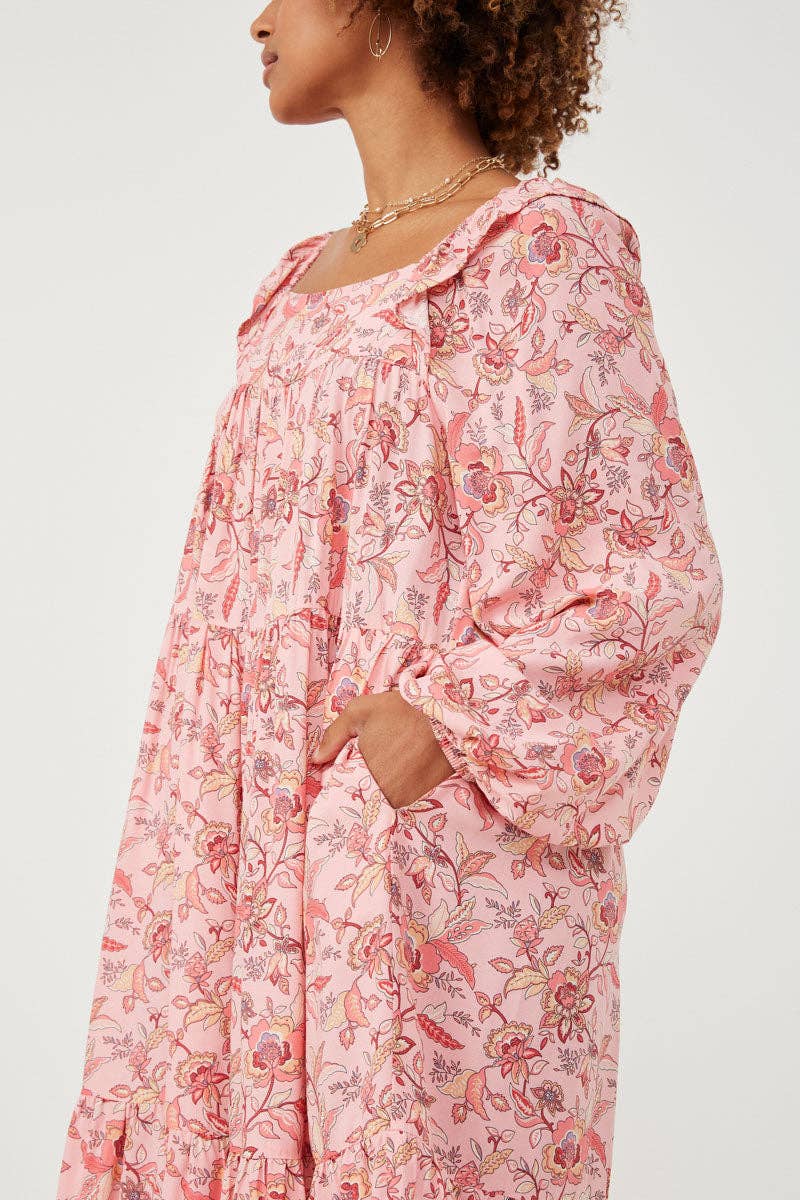 Pink Floral Tiered Midi Dress | Smock Style with Balloon Sleeves