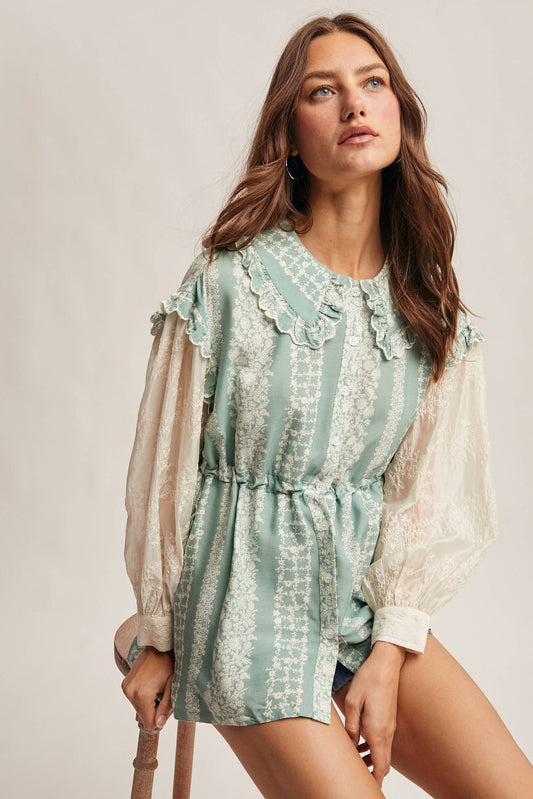 Floral Stripe Belted Blouse with Sheer Sleeves