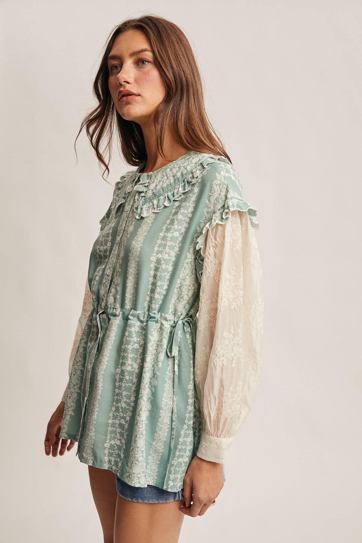 Floral Stripe Belted Blouse with Sheer Sleeves