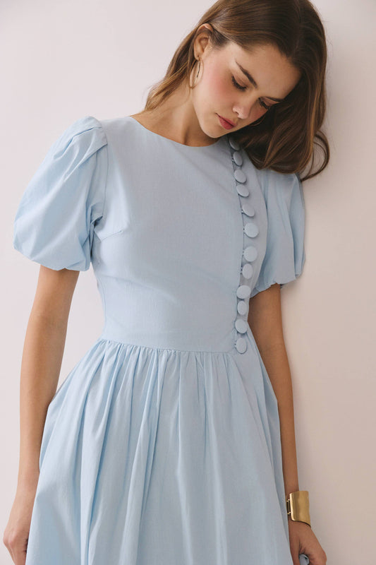 Puff Sleeve Round Neck Faux Button Dress