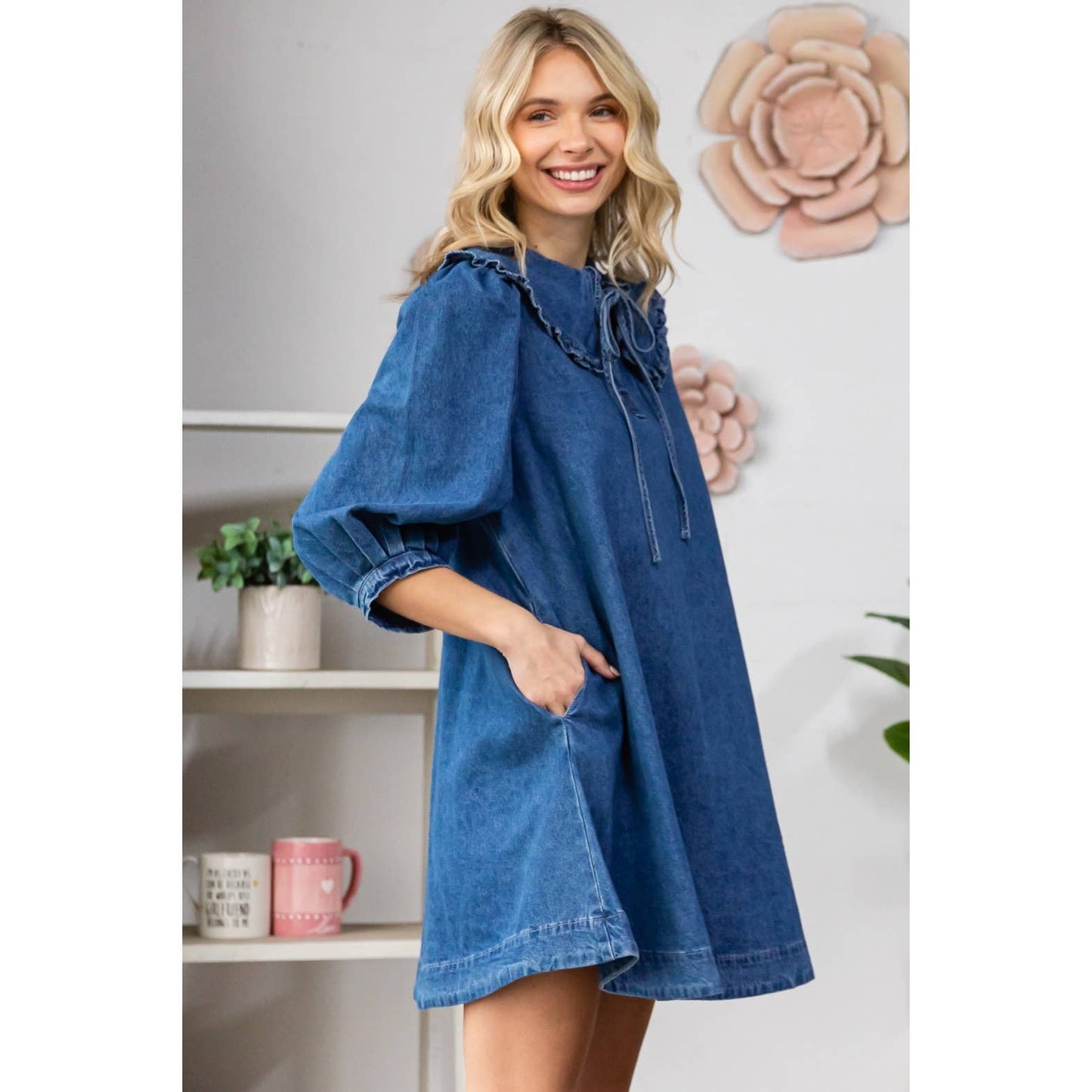 Ruffle V-Neck Denim Mini Dress with Tie Collar