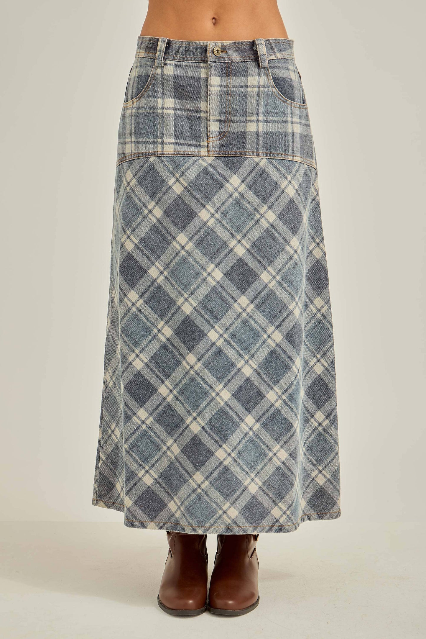Denim Plaid A-Line Midi Skirt
