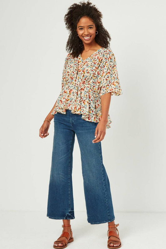 Floral Chiffon V Neck Gathered Detail Top