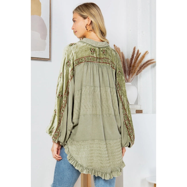 Bohemian Embroidered Velvet Patchwork Tunic Top - Olive Green