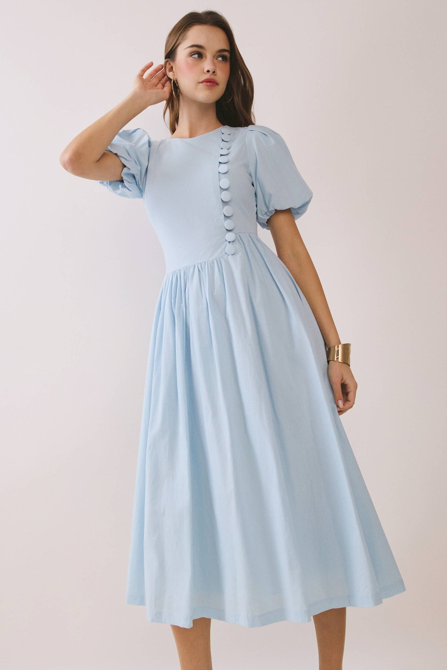 Puff Sleeve Round Neck Faux Button Dress