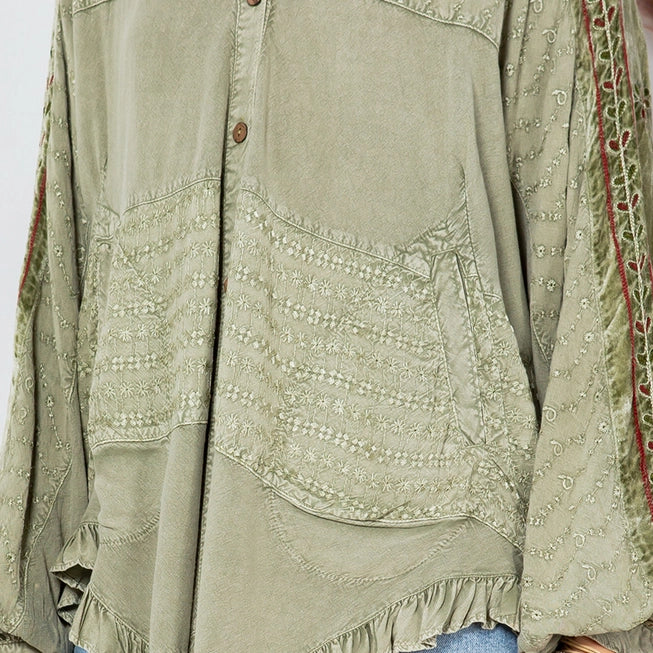 Bohemian Embroidered Velvet Patchwork Tunic Top - Olive Green