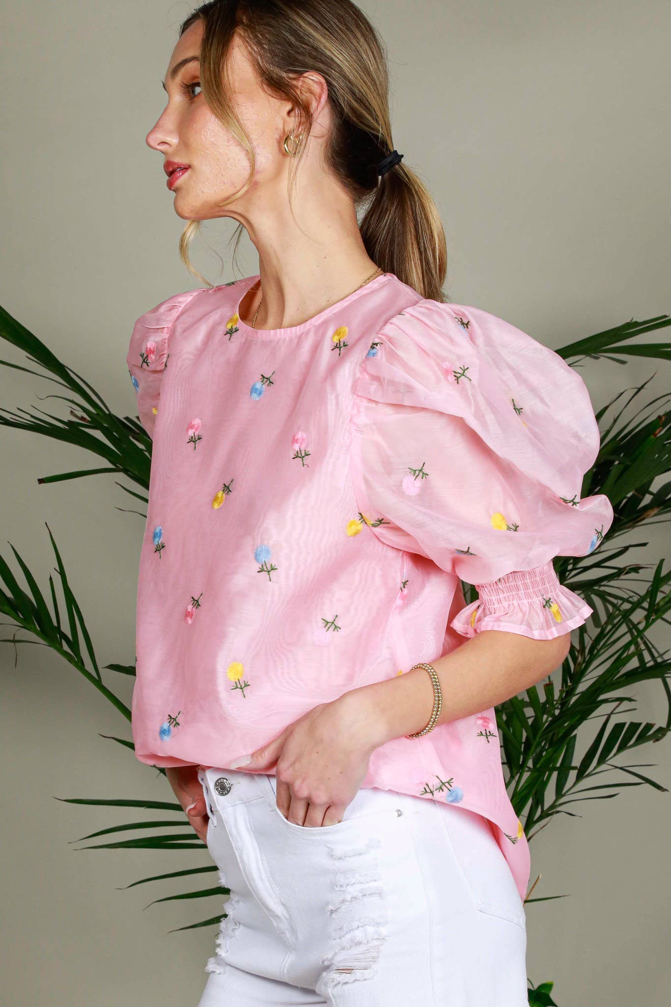 Chic Sheer Organza Blouse with Ditsy Floral Embroidery & Puffy Balloon Sleeves