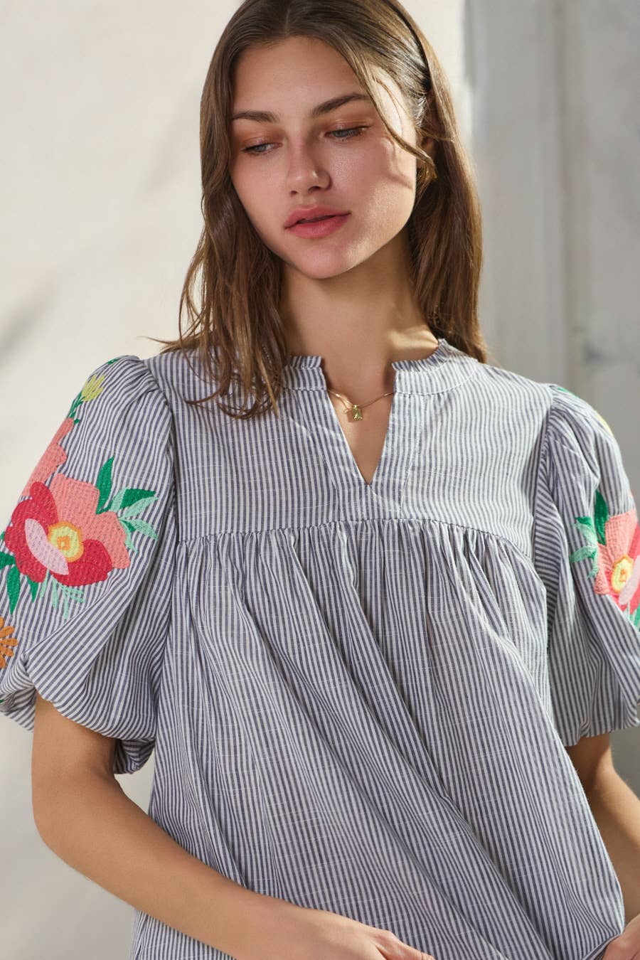 Women's Striped Cotton Embroidered Blouse - Short Sleeve Summer Top