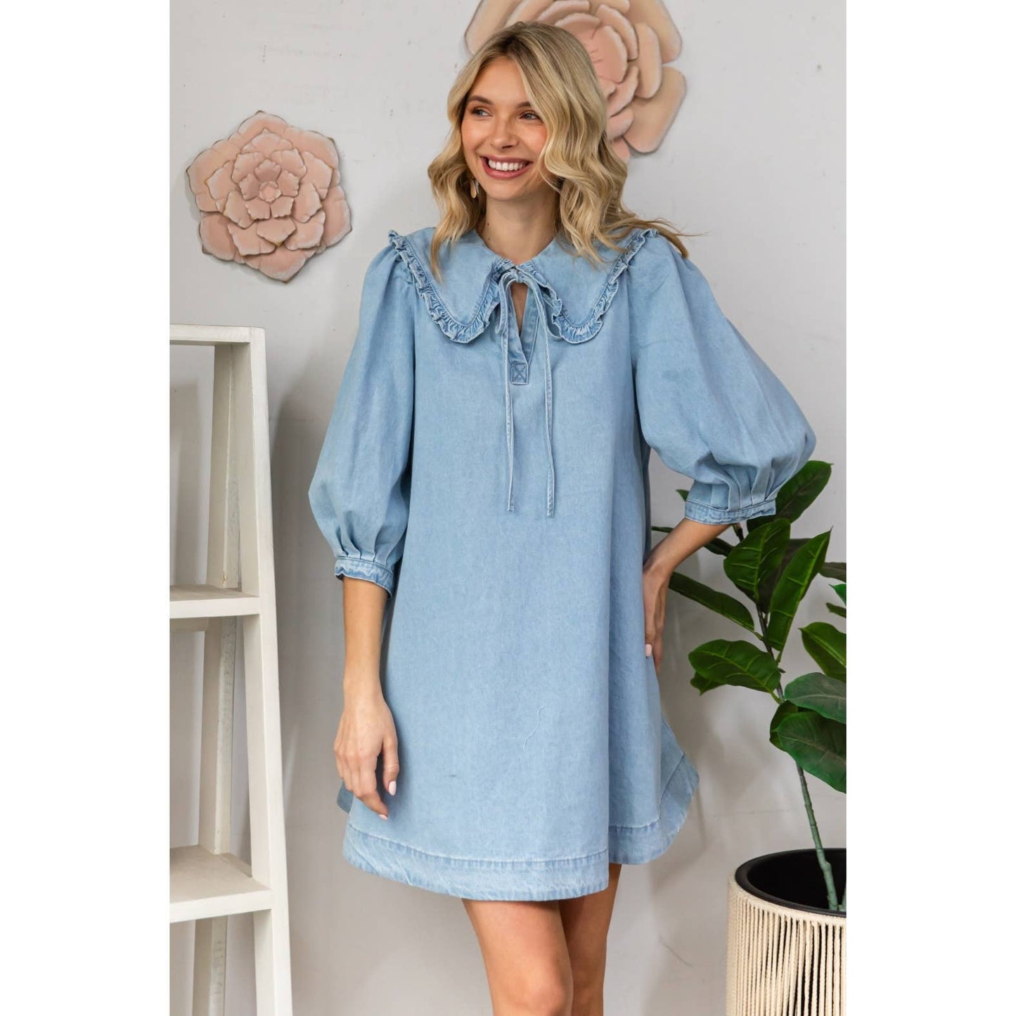 Ruffle V-Neck Denim Mini Dress with Tie Collar