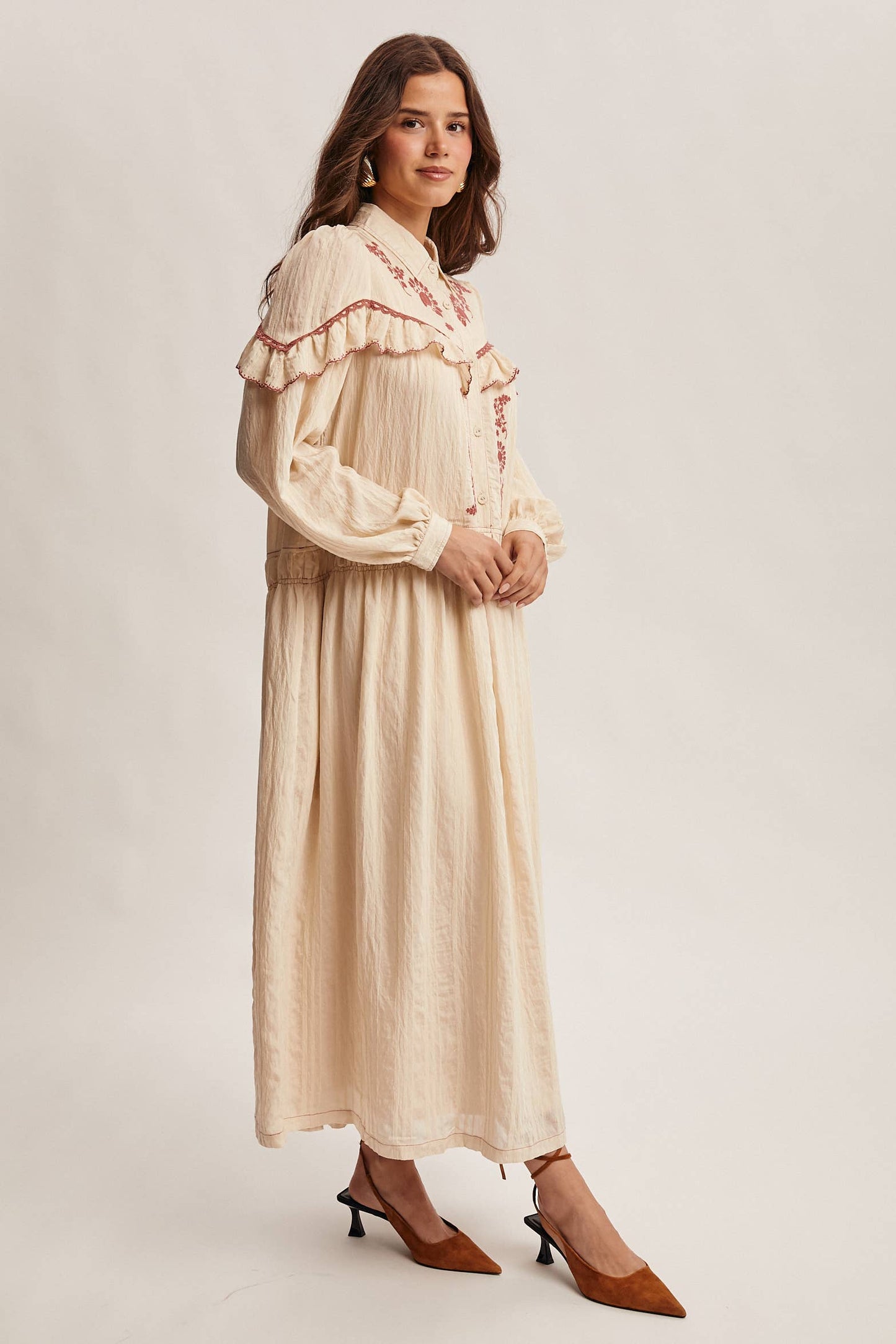 Embroidered Ruffle Trim Maxi Dress
