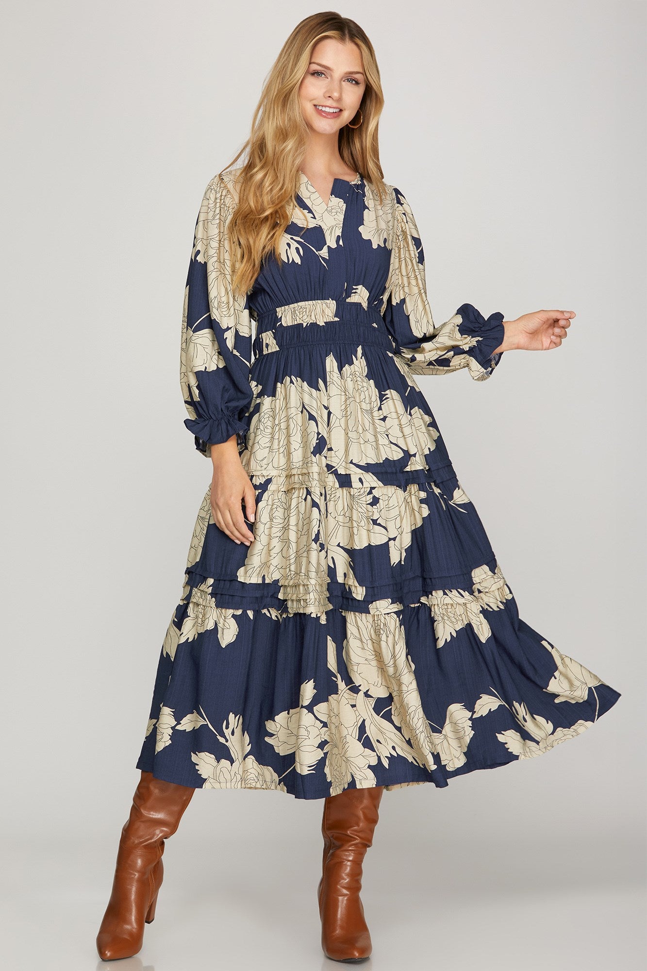 Navy & Tan Floral Print Tiered Midi Dress - Smocked Waist
