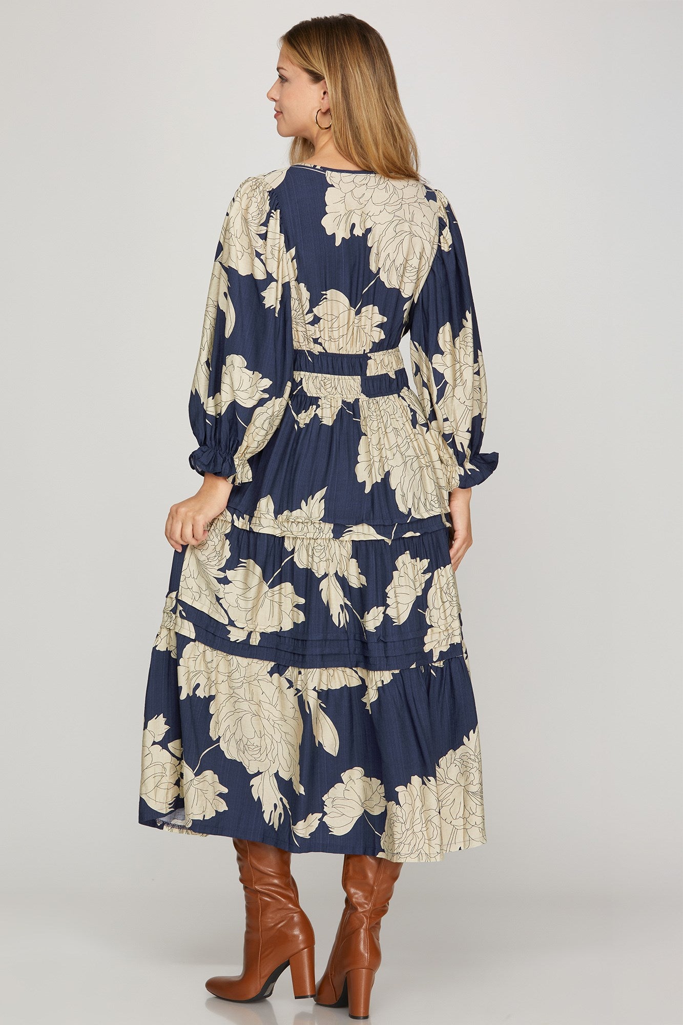 Navy & Tan Floral Print Tiered Midi Dress - Smocked Waist