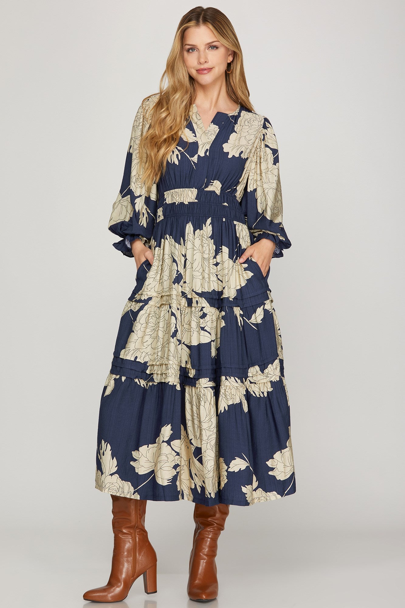 Navy & Tan Floral Print Tiered Midi Dress - Smocked Waist