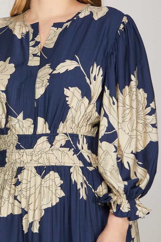 Plus Size Navy Floral Print Midi Dress for Curvy Women