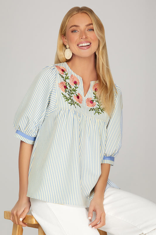 Striped Floral Embroidered Top