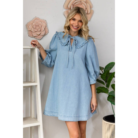Ruffle V-Neck Denim Mini Dress with Tie Collar