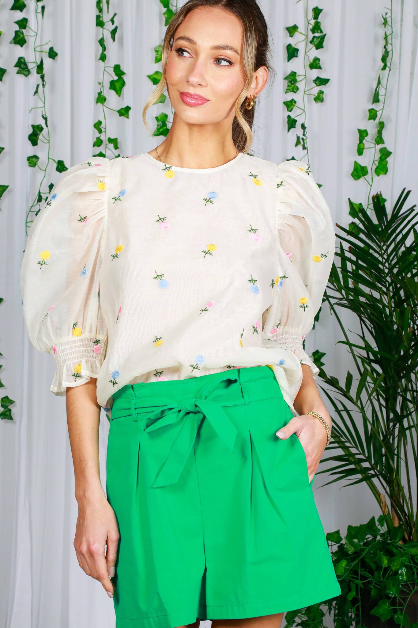 Chic Sheer Organza Blouse with Ditsy Floral Embroidery & Puffy Balloon Sleeves