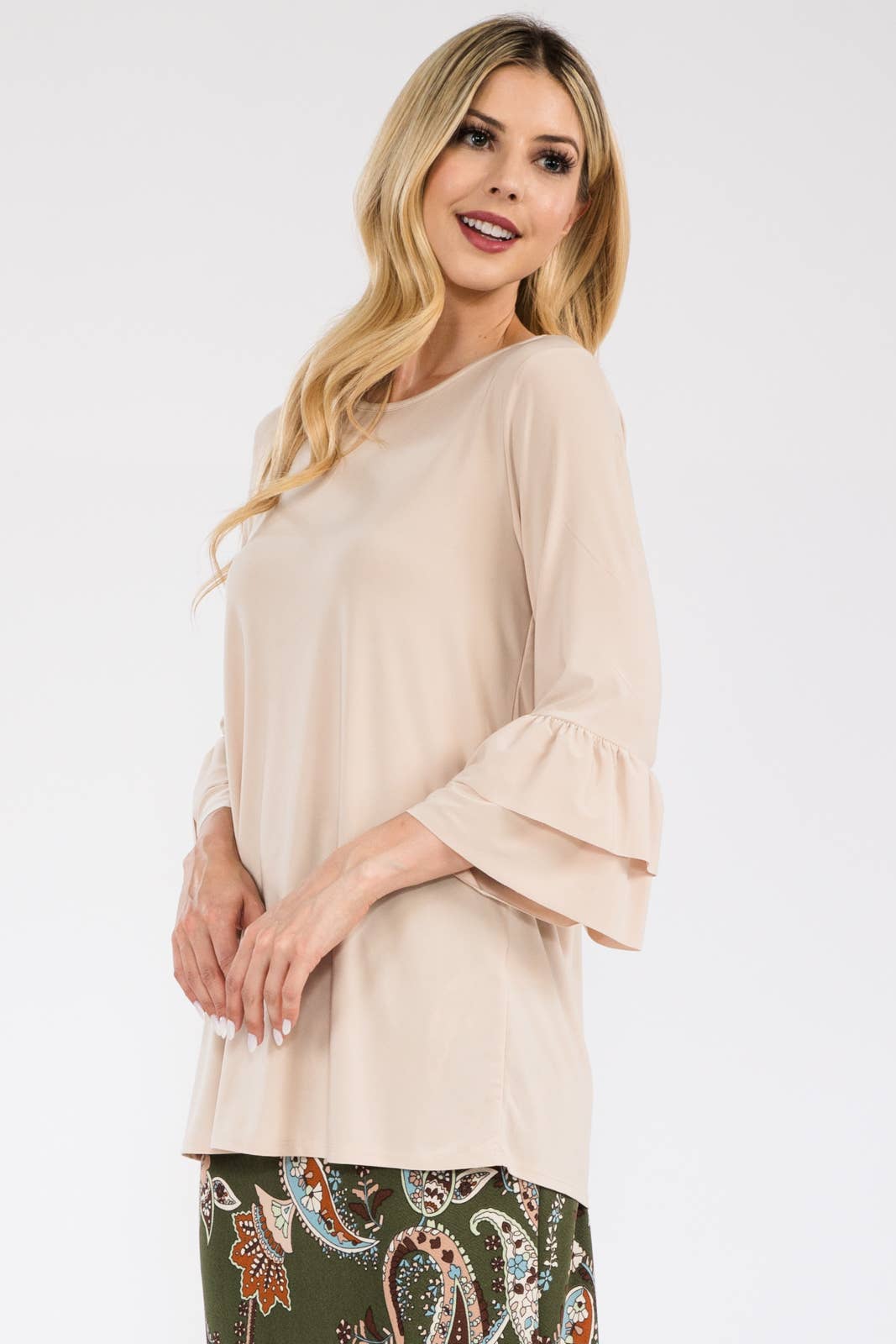 Elegant Layered Ruffle 3/4 Bell Sleeve Modest Dressy Blouse