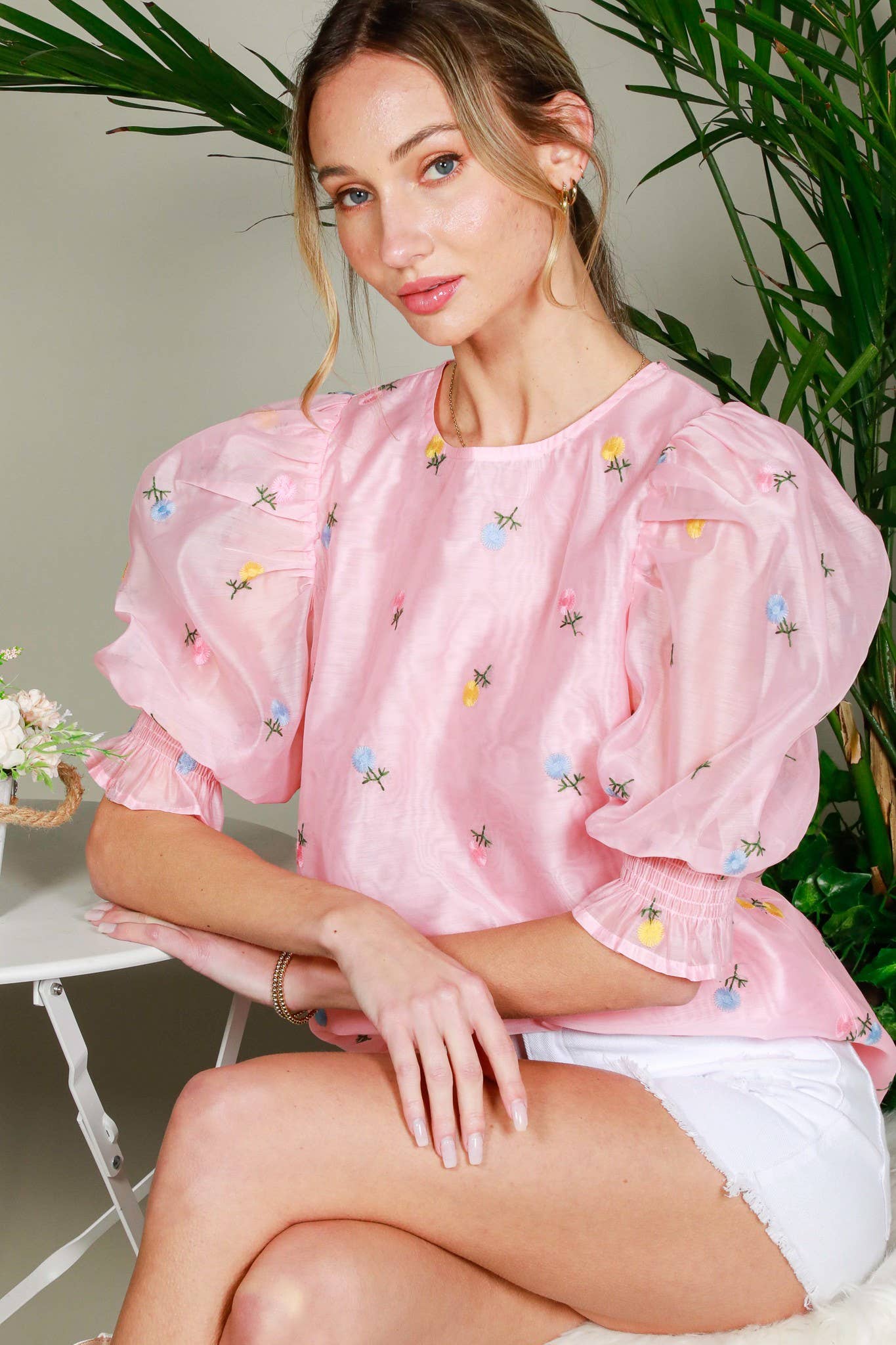Chic Sheer Organza Blouse with Ditsy Floral Embroidery & Puffy Balloon Sleeves