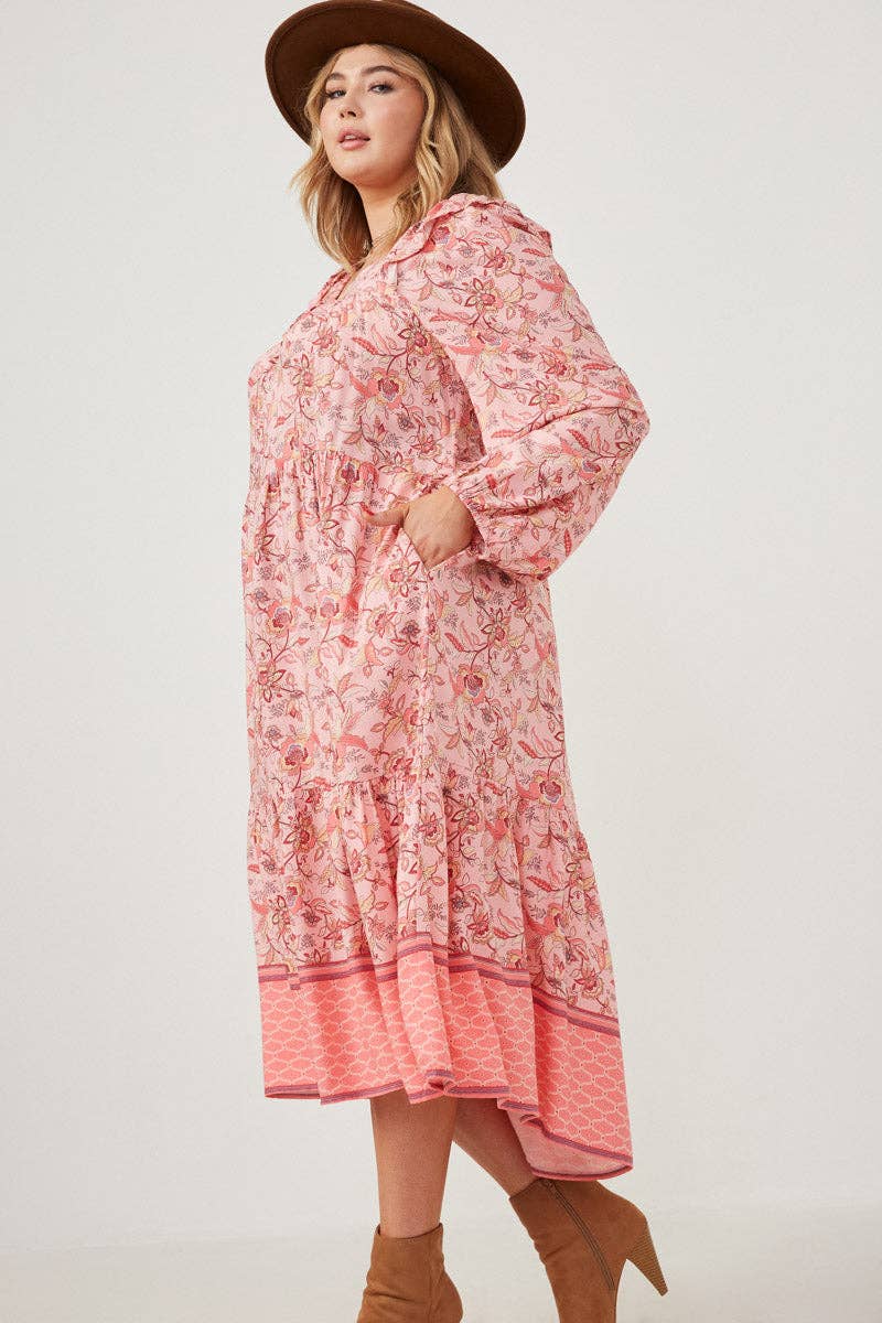 Pink Floral Tiered Midi Dress | Smock Style with Balloon Sleeves