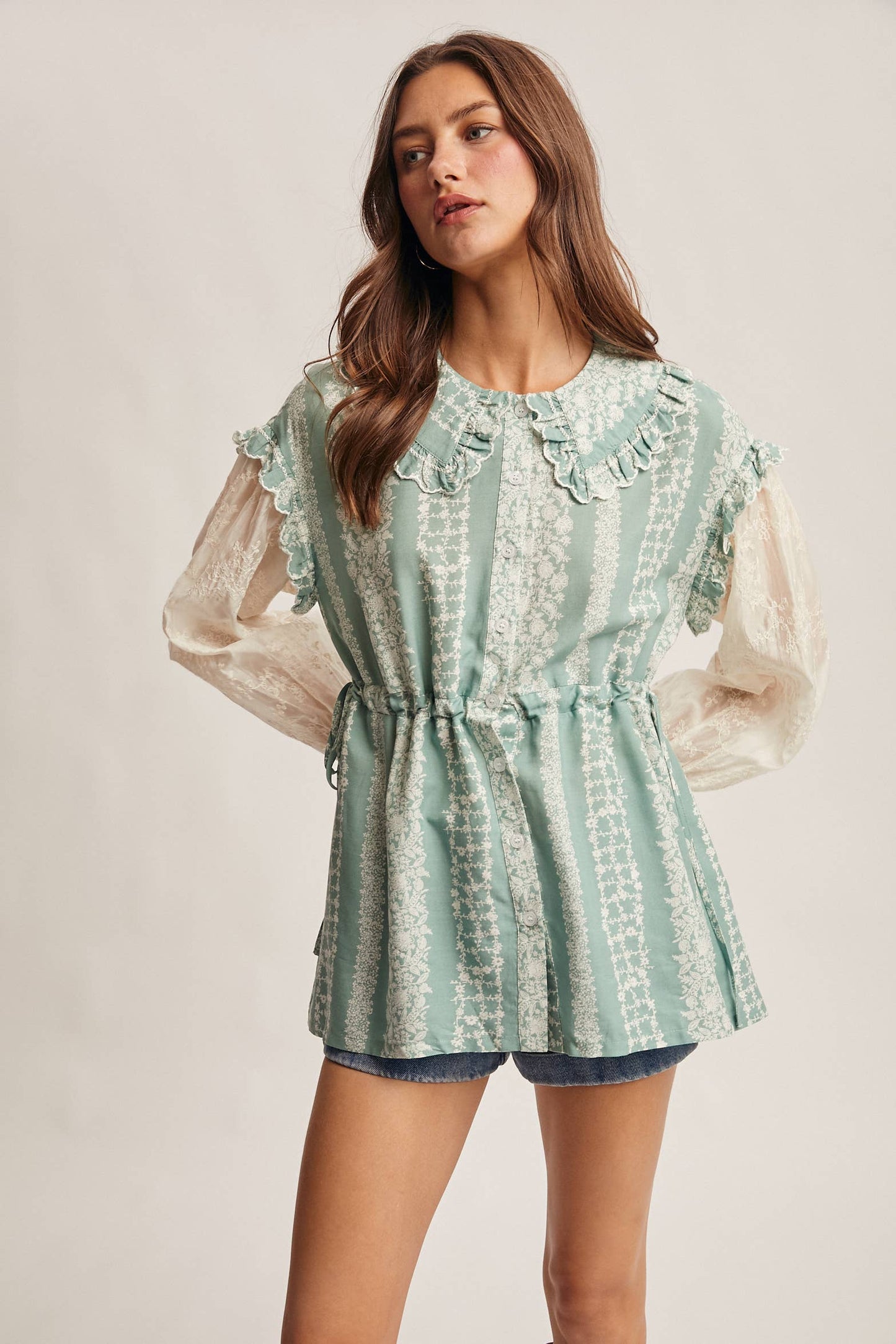 Floral Stripe Belted Blouse with Sheer Sleeves