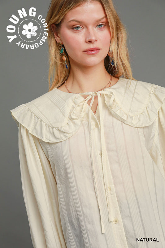Boho Striped Ruffle Blouse | Smocked Cuff V-Neck Button-Down Shirt