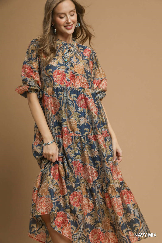 Navy Bohemian Floral Tiered Midi Dress - Smocked Mock Neck & Puff Sleeves