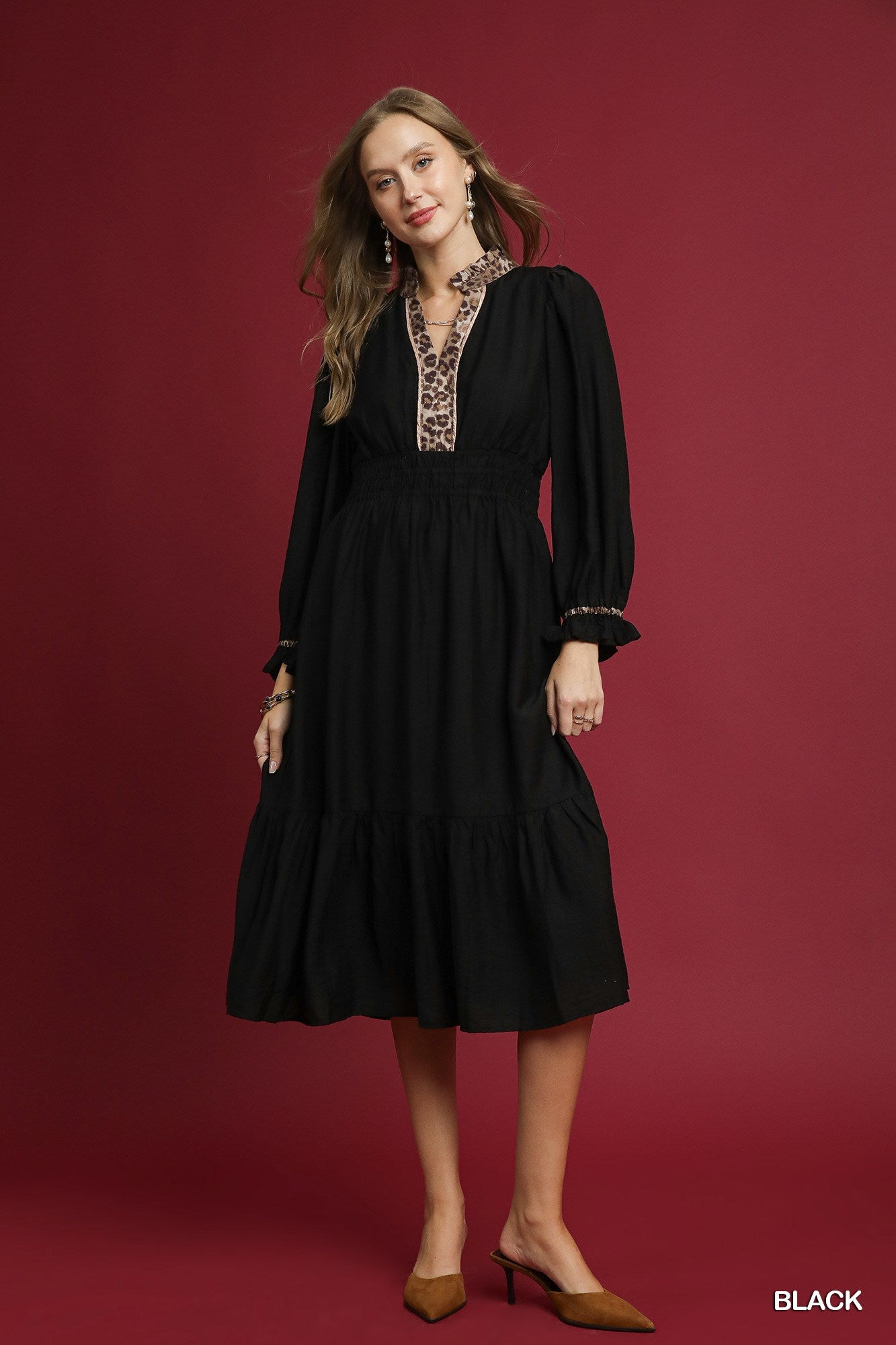 Black Leopard Print V-Neck Shirred Waist Midi Dress