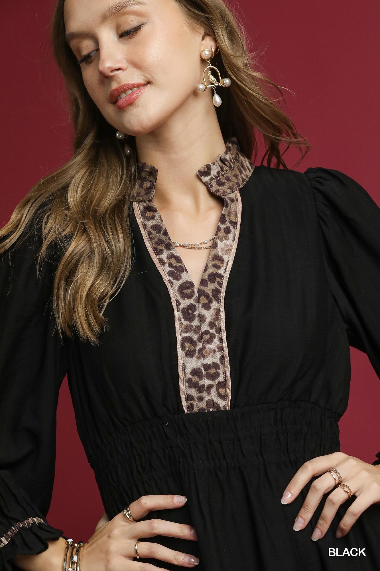 Black Leopard Print V-Neck Shirred Waist Midi Dress
