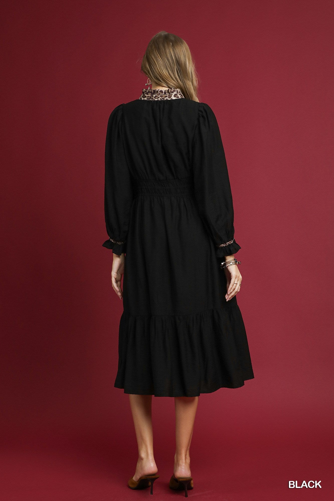 Black Leopard Print V-Neck Shirred Waist Midi Dress
