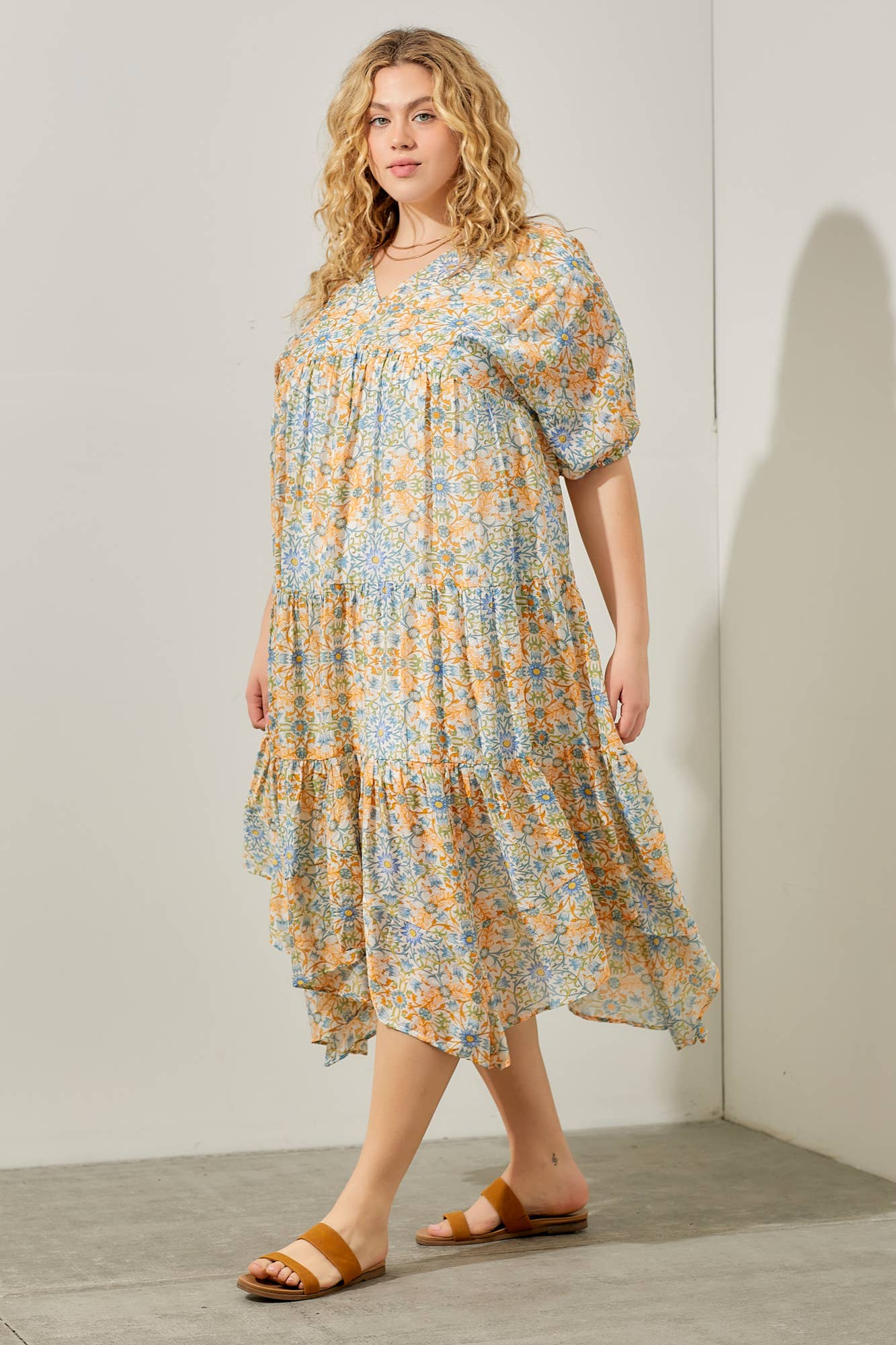 Plus Size Floral V-Neck Handkerchief Hem Maxi Dress