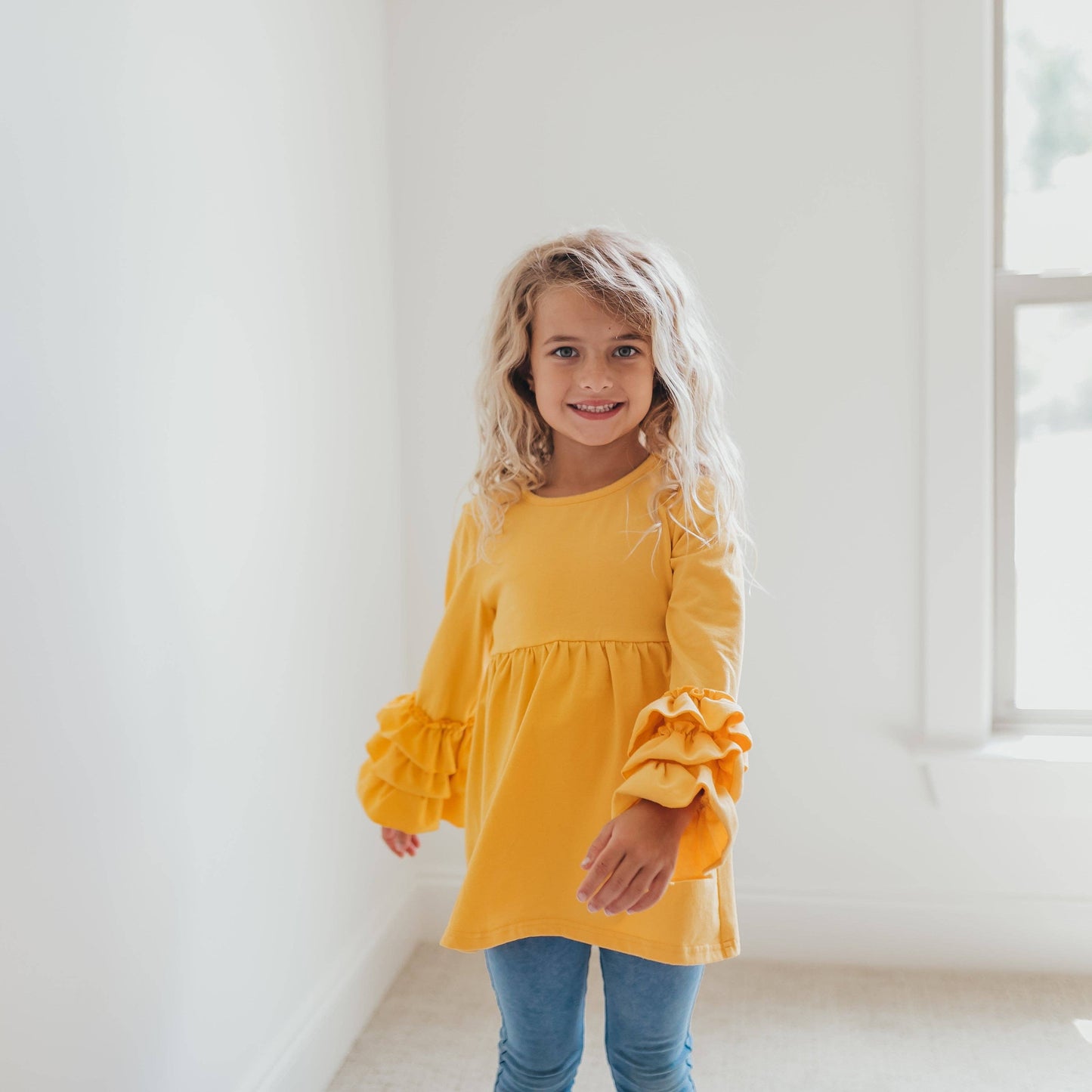 Girls' Ruffle Long Sleeve Shirt - Mustard & Blue Kids Fall/Winter Top