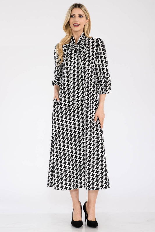 Houndstooth Midi Dress with Bow