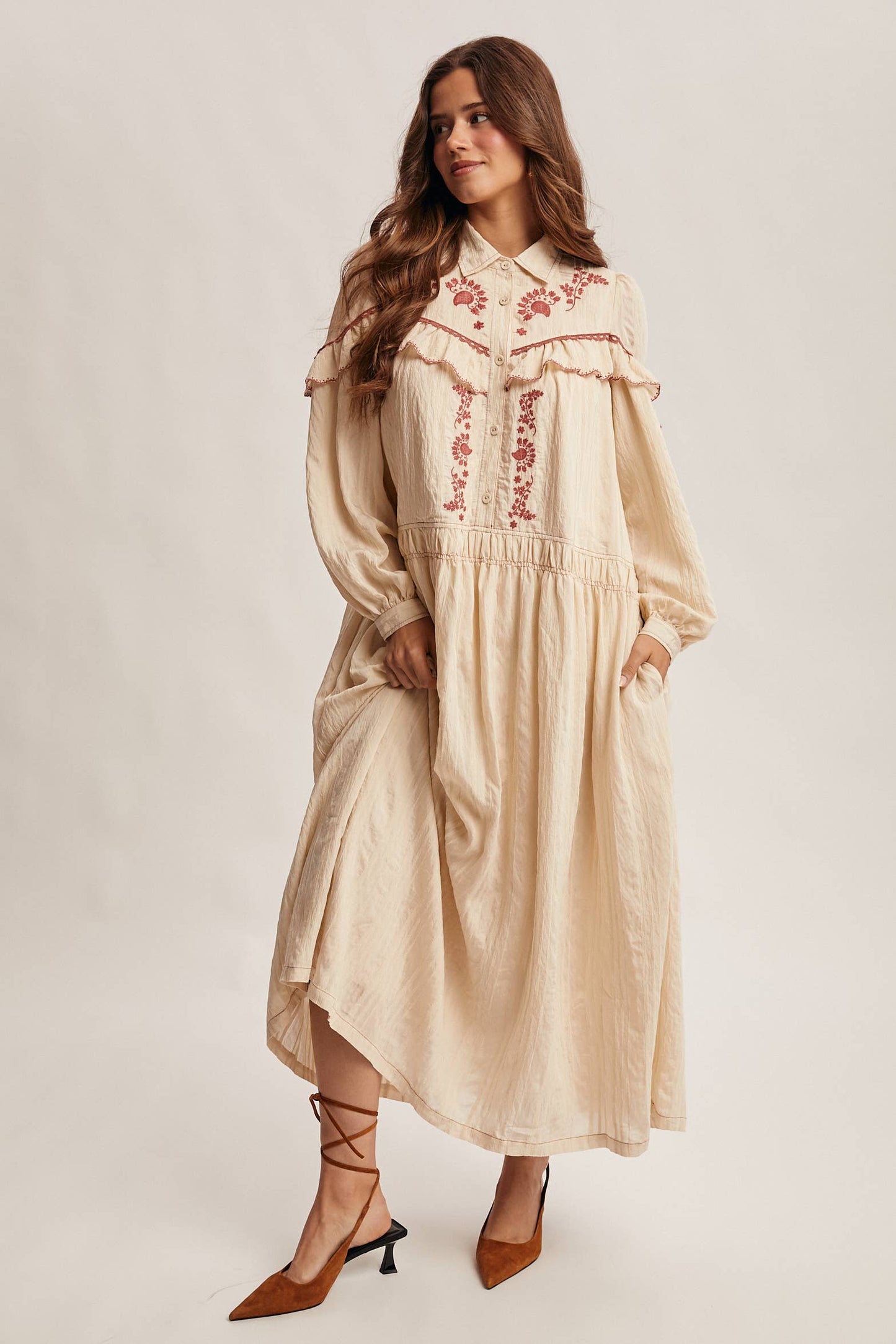 Embroidered Ruffle Trim Maxi Dress