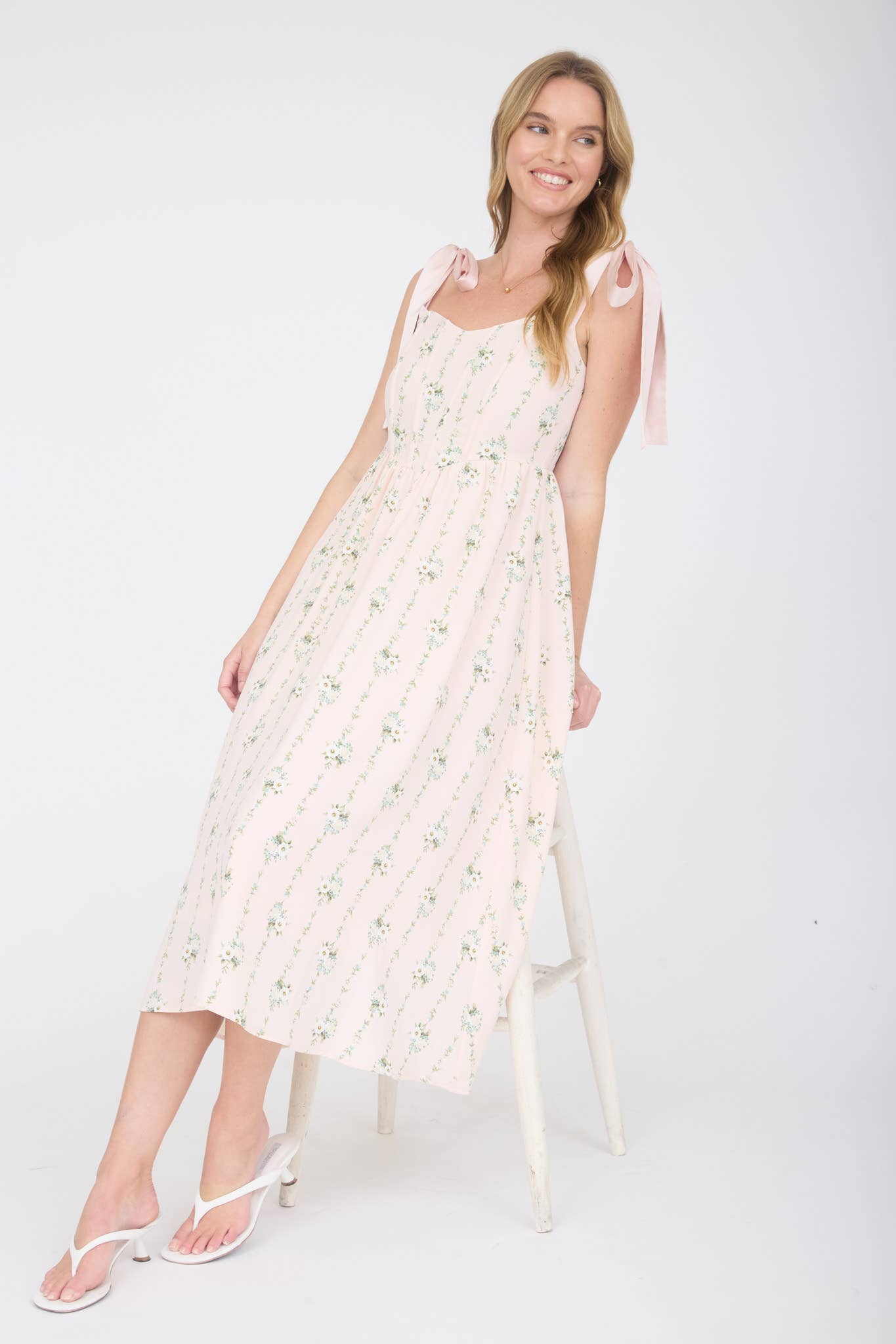 STRIPE FLORAL TIE STRAP CORSET MIDI DRESS