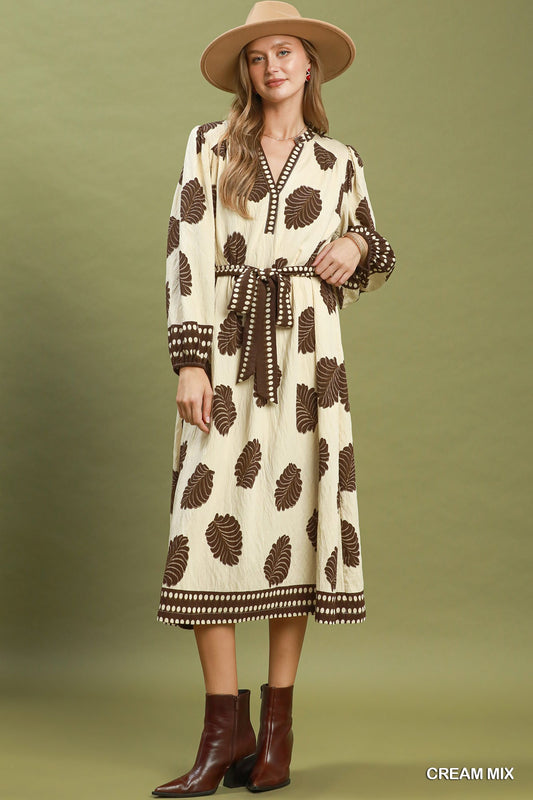 Mix Leaf Print Belted Midi Dress