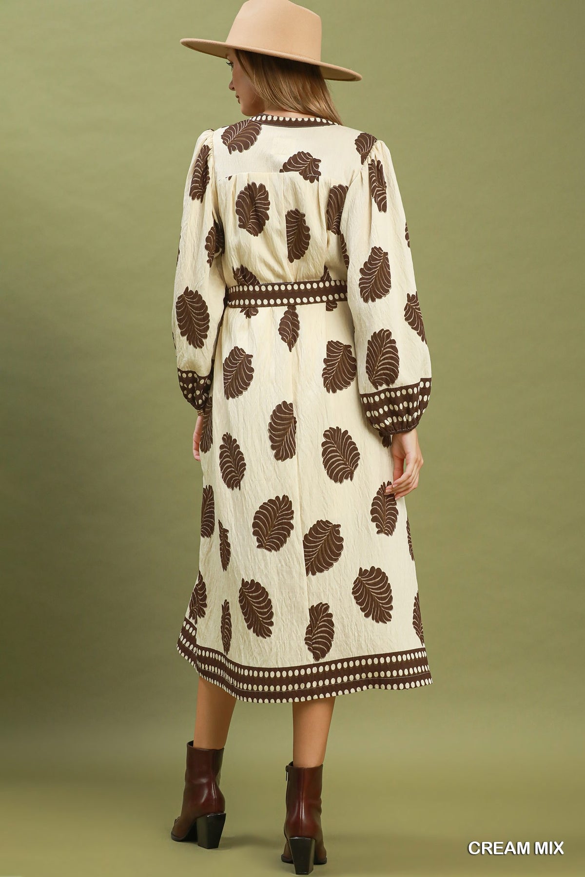 Mix Leaf Print Belted Midi Dress