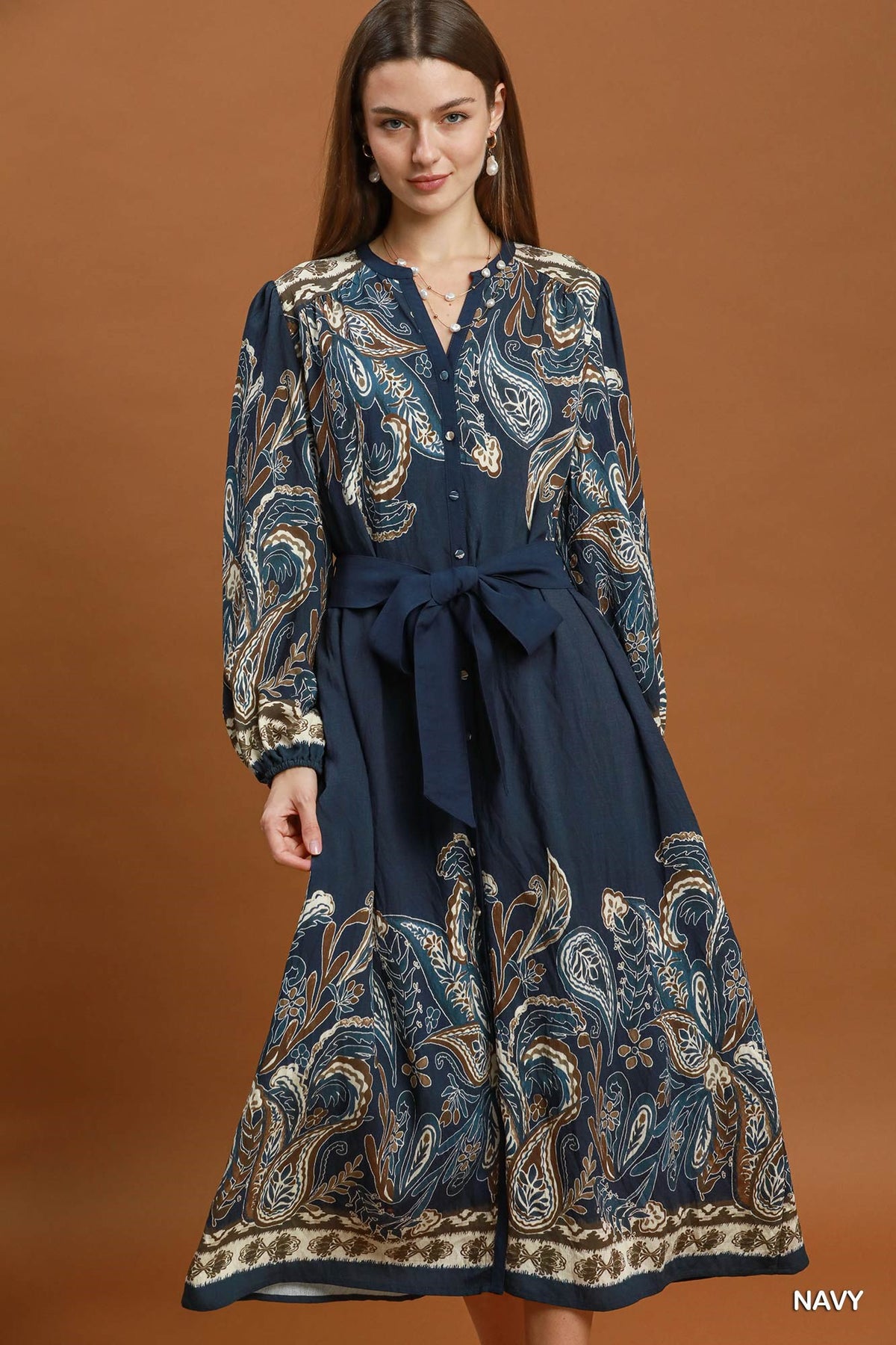 Abstract Print Tie Waist Midi Dress