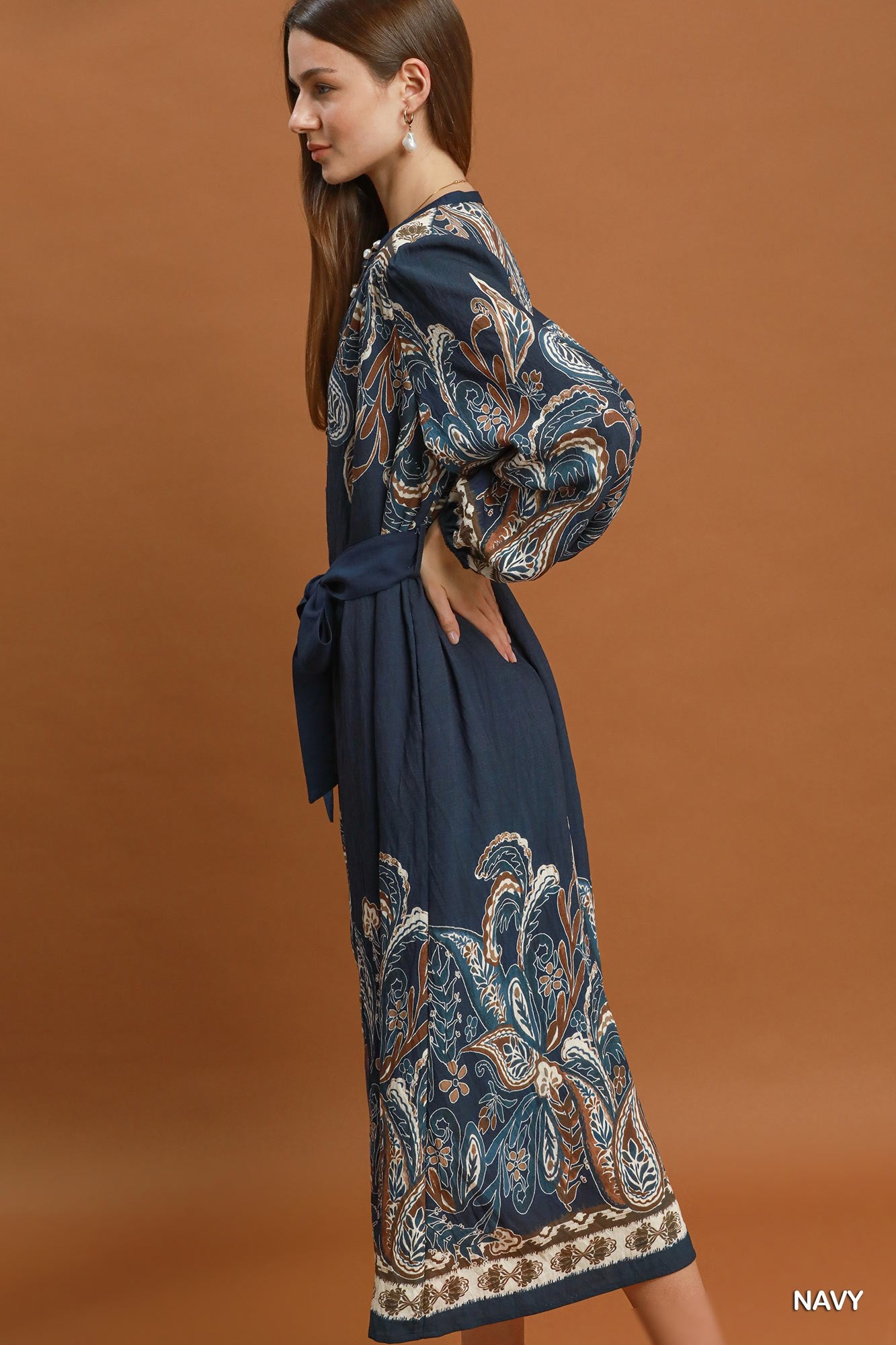 Abstract Print Tie Waist Midi Dress