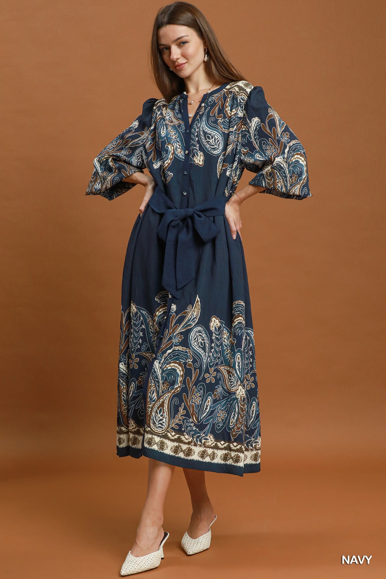 Abstract Print Tie Waist Midi Dress