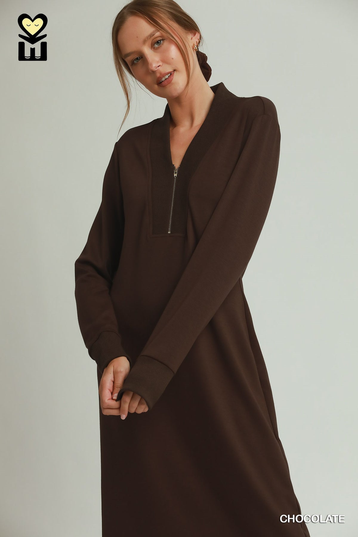 LuxeKnit Half-Zip Midi Dress (Chocolate Brown)